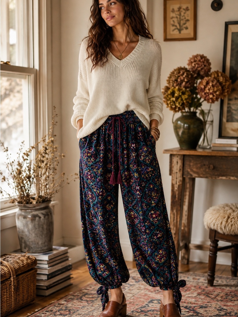 Anthropologie Joanie Harem Pants Floral Velvet Boho Tie Ankle Tassel Small